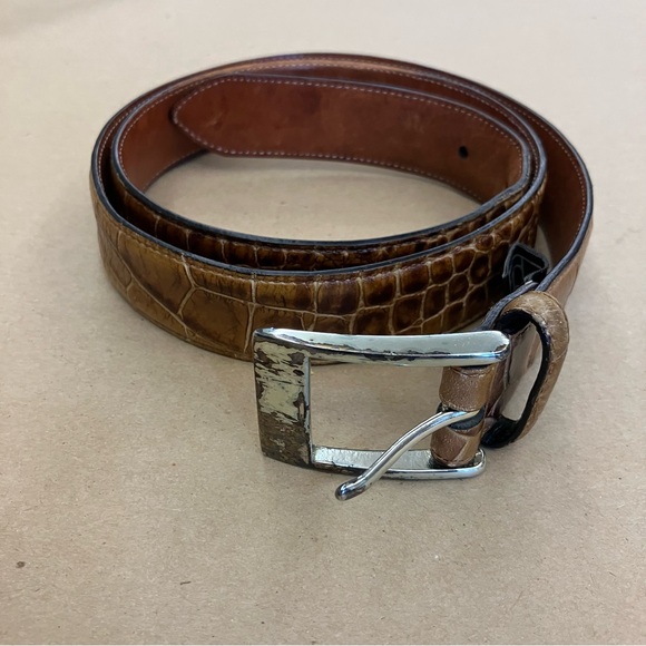 Trafalgar Wilson Italian Calfskin Leather Men's Belt 34 Brown Embossed Reptile - Picture 1 of 10